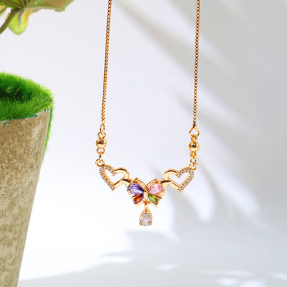 Multicolor Butterfly Design Gold-Plated Pendant Necklace with Heart Accents for Women