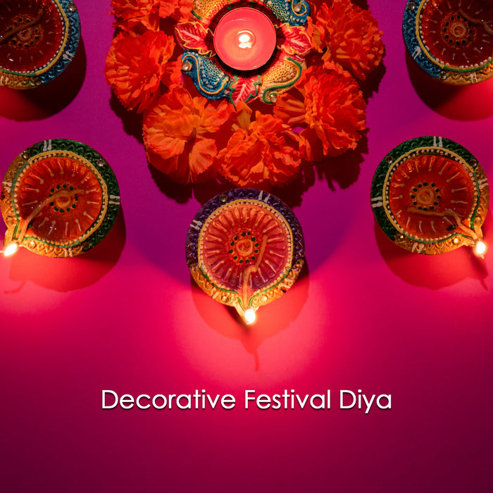 Decorative Hand Painted Clay Puja Diya for Diwali Handmade Diya (6 Pcs Set)