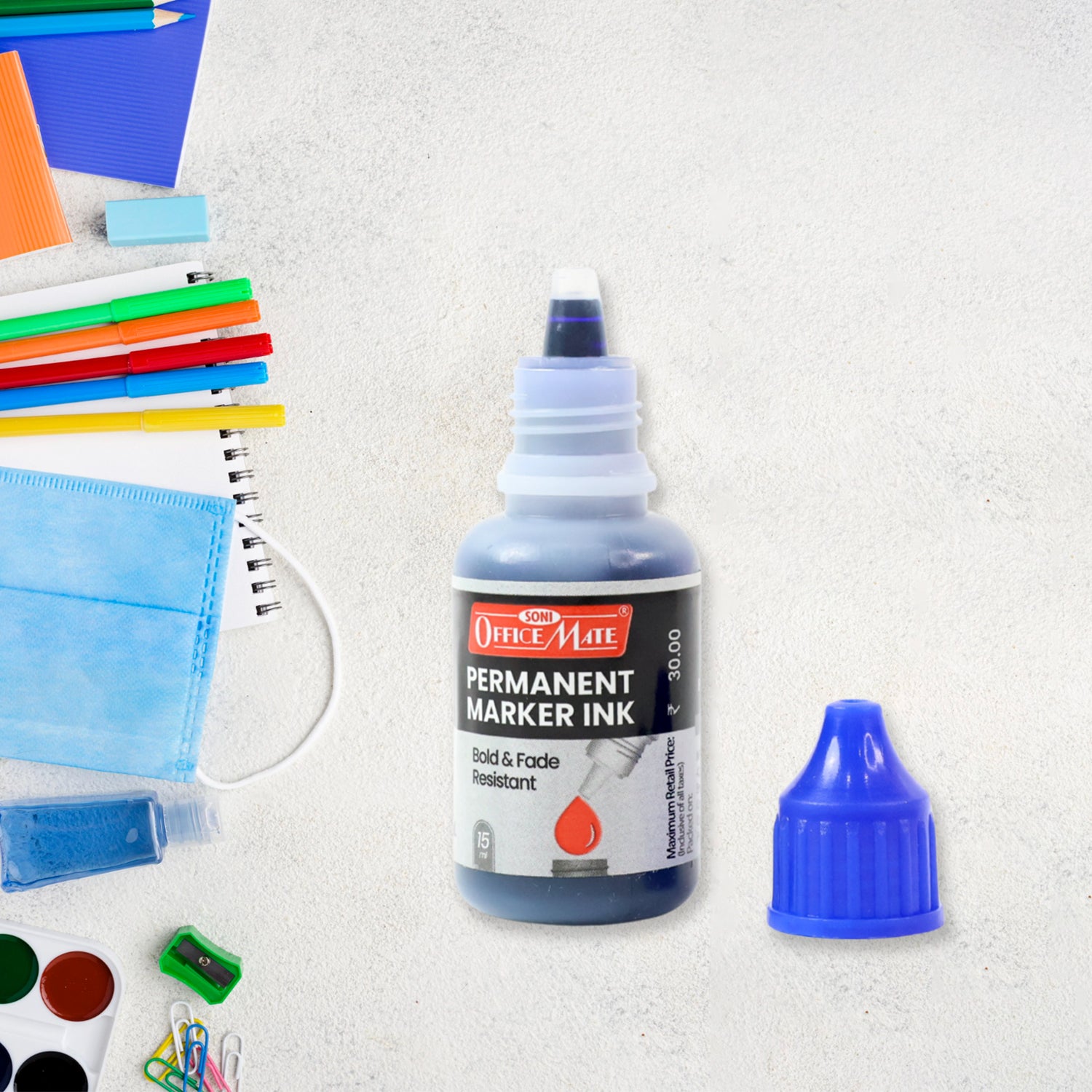 Officemate Permanent Marker Ink Blue – 15 ml Refill Bottle | Bold & Fade-Resistant Ink