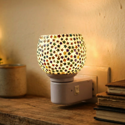 Star pattern night lamp plugged in with visible on/off switch