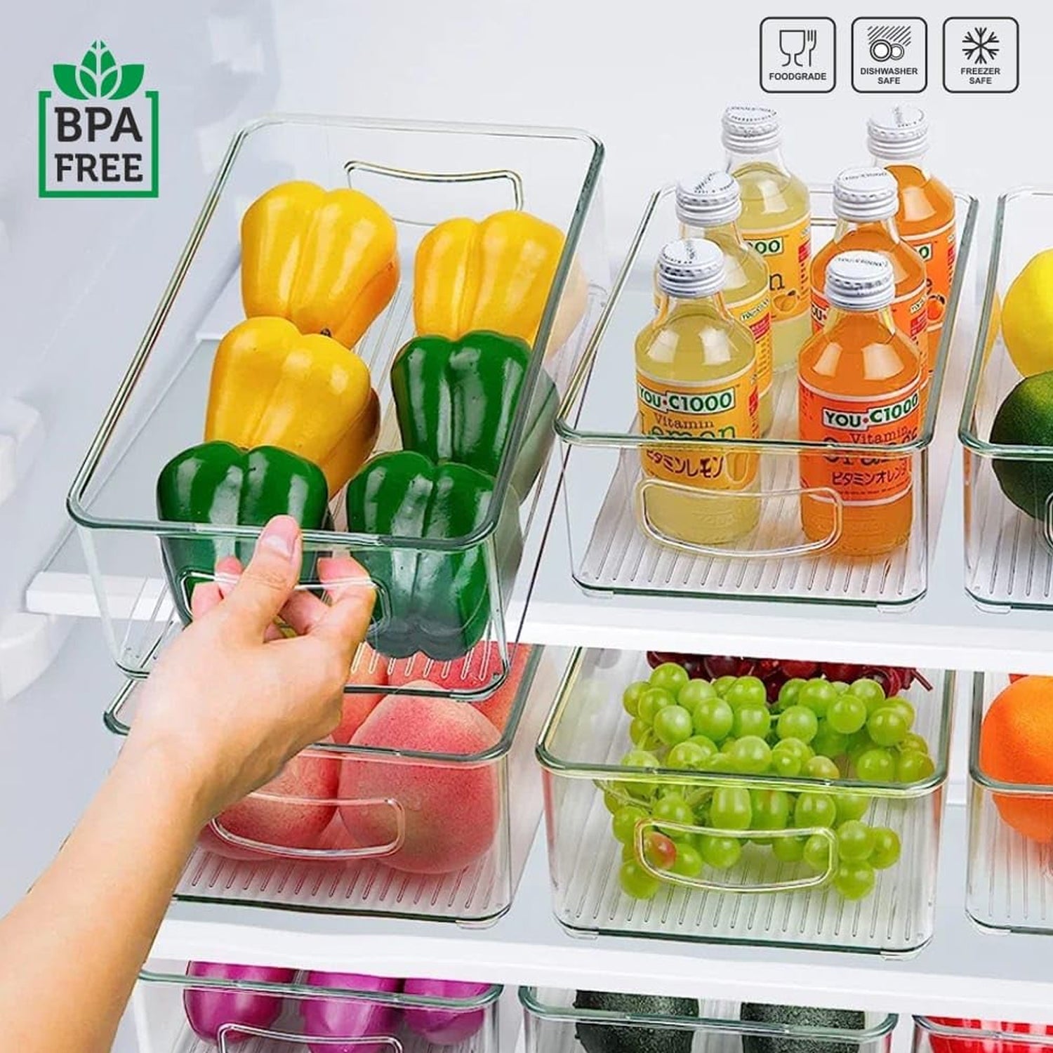 प्लास्टिक रेफ्रिजरेटर ऑर्गनाइज़र डिब्बे, हैंडल के साथ 2 स्टैकेबल फ्रिज ऑर्गनाइज़र का सेट, फ़्रीज़र किचन कैबिनेट संगठन और स्टोरेज के लिए साफ़ ऑर्गनाइज़िंग फ़ूड फ्रूट वेजिटेबल्स पेंट्री स्टोरेज डिब्बे (2 पीस सेट मिक्स कलर)