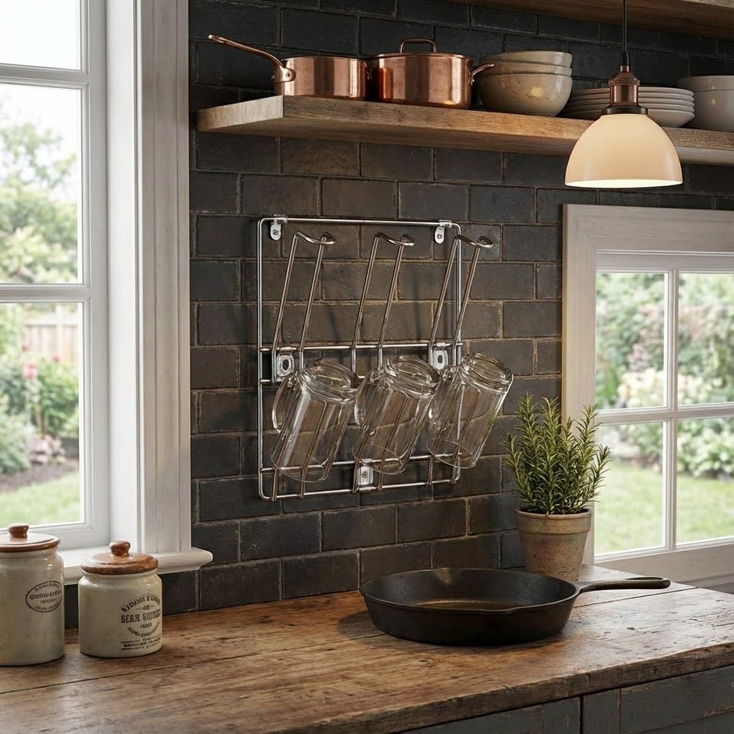 Hanging glass holder rack in kitchen