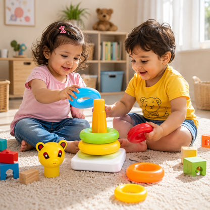 Toddler playing with plastic stacking rings