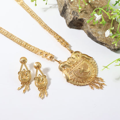 Traditional Gold-Tone Temple Style Necklace Set with Ornate Pendant & Matching Earrings