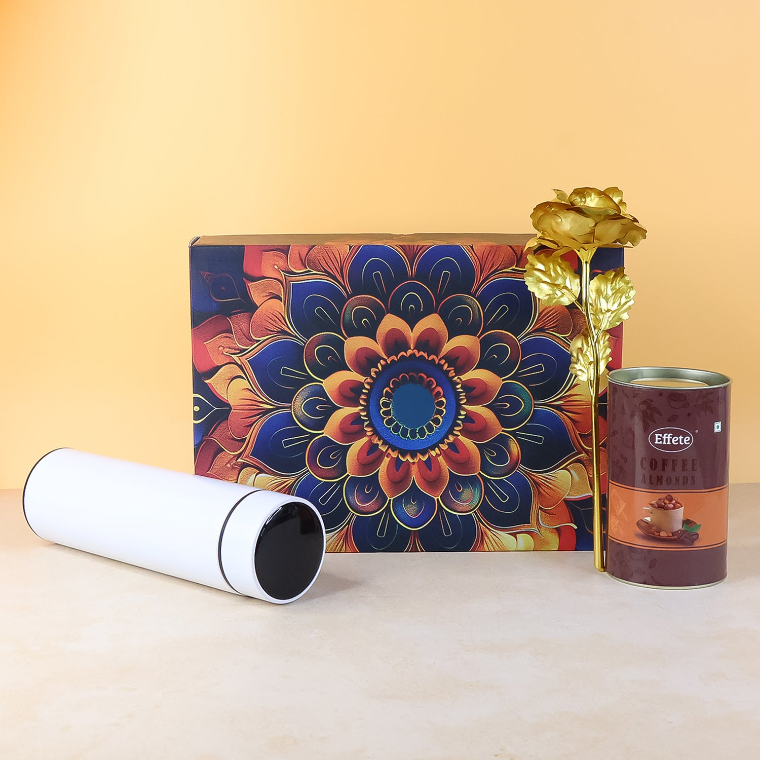Effete Coffee Almonds Gift Hamper, Golden Rose With Bottle (3 Pc Set)