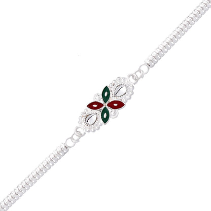 Elegant Floral Rakhi with Red-Green Enamel Work and Metal Chain