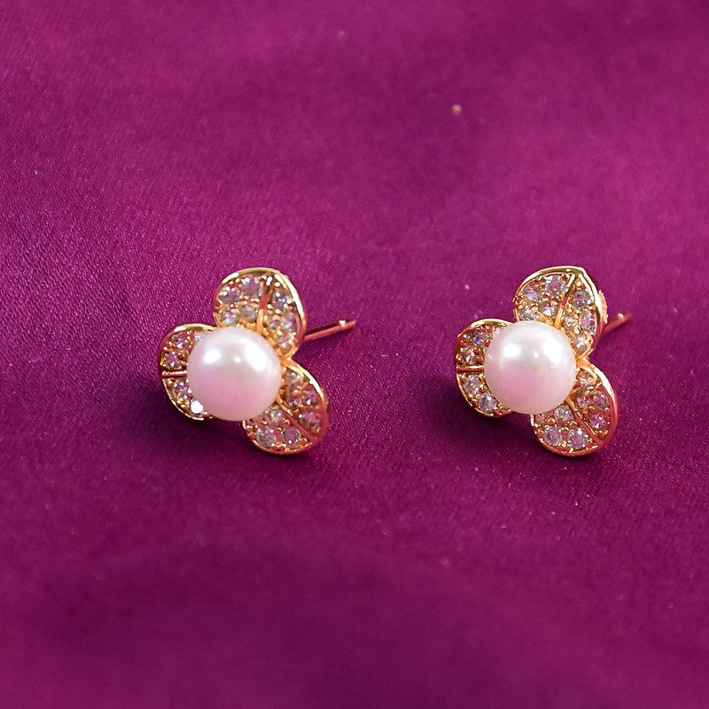 Pearl Center Clover Design Stud Earrings with Gold Finish for Women