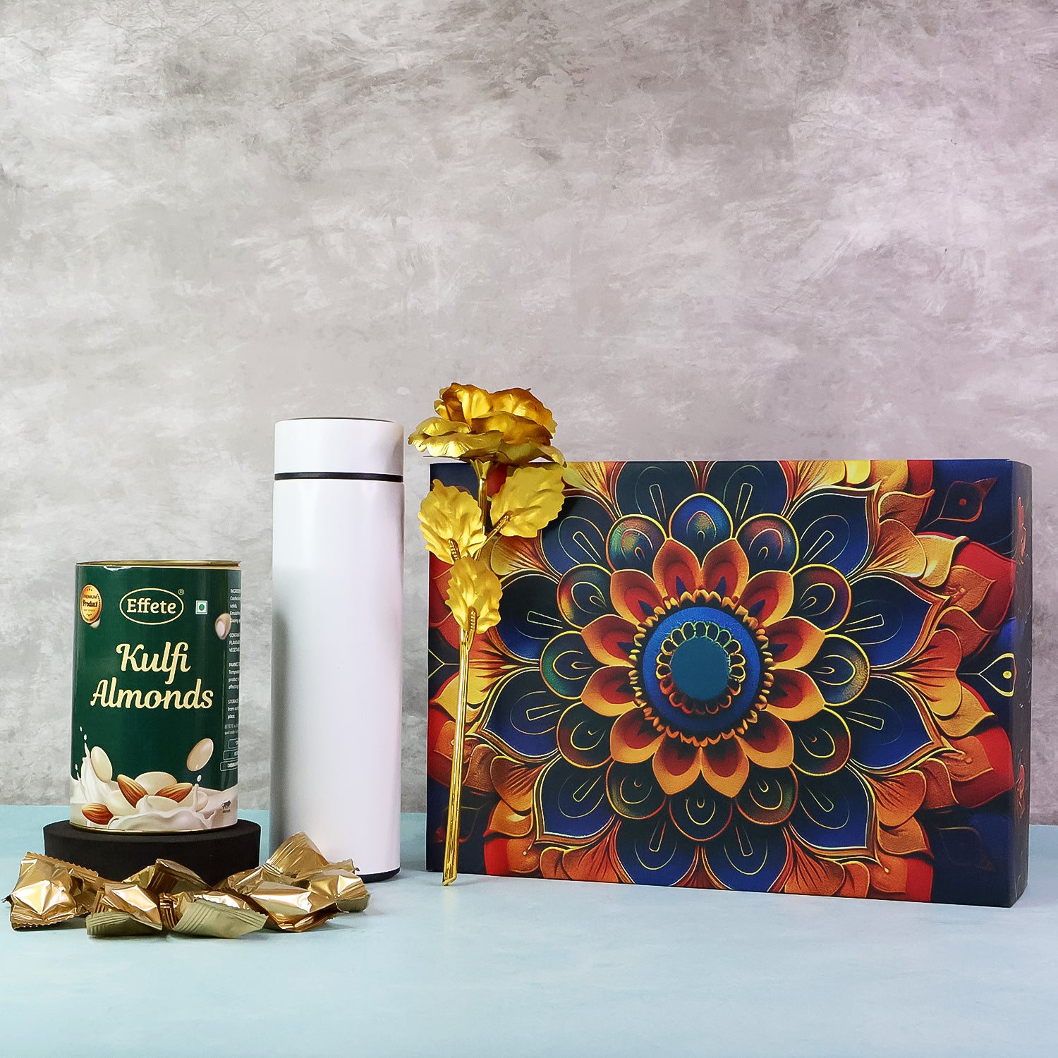 Effete Kulfi Almonds Gift Hamper, Golden Rose With Bottle (3 Pc Set)