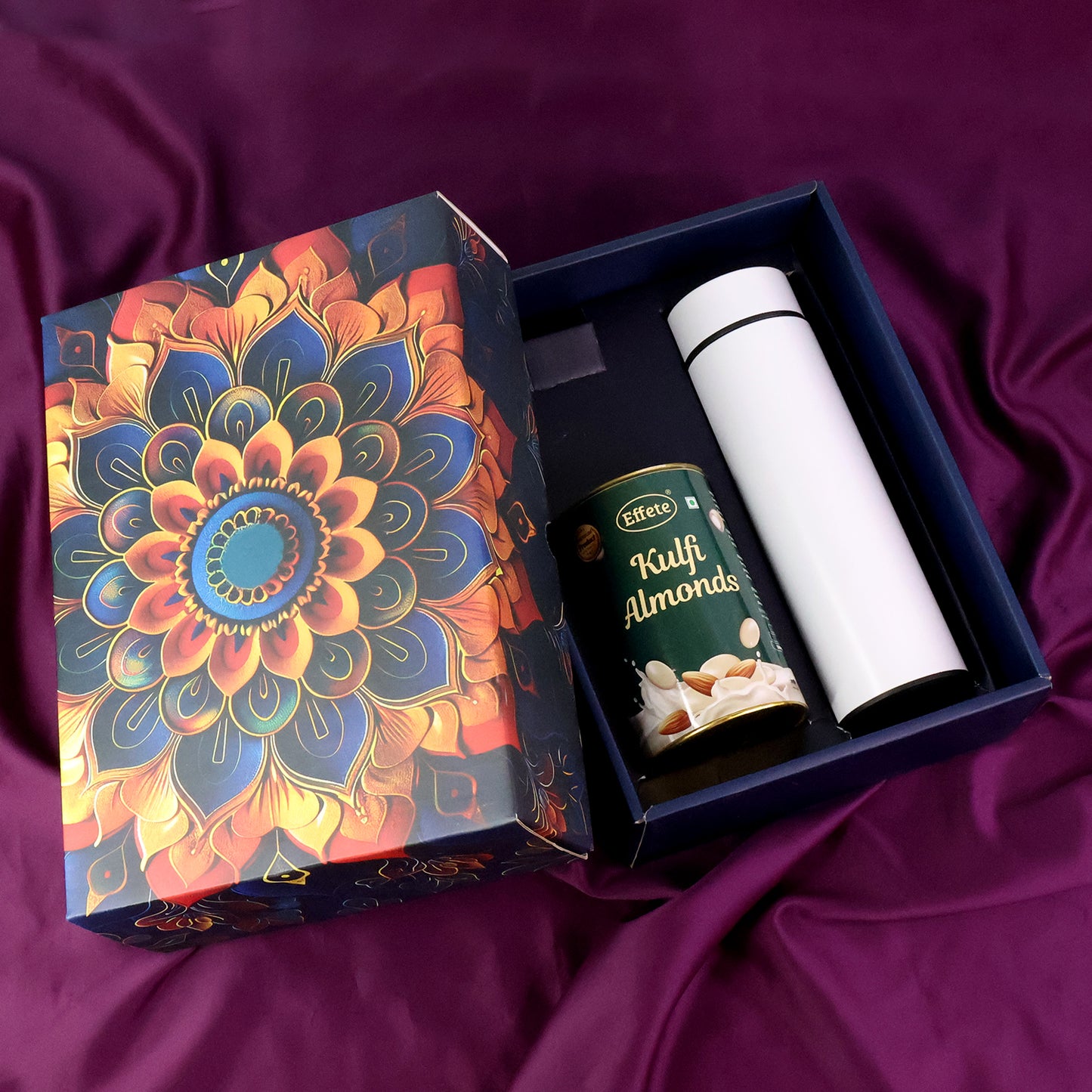 Effete Kulfi Almonds Gift Hamper, Golden With Bottle (2 Pc Set)