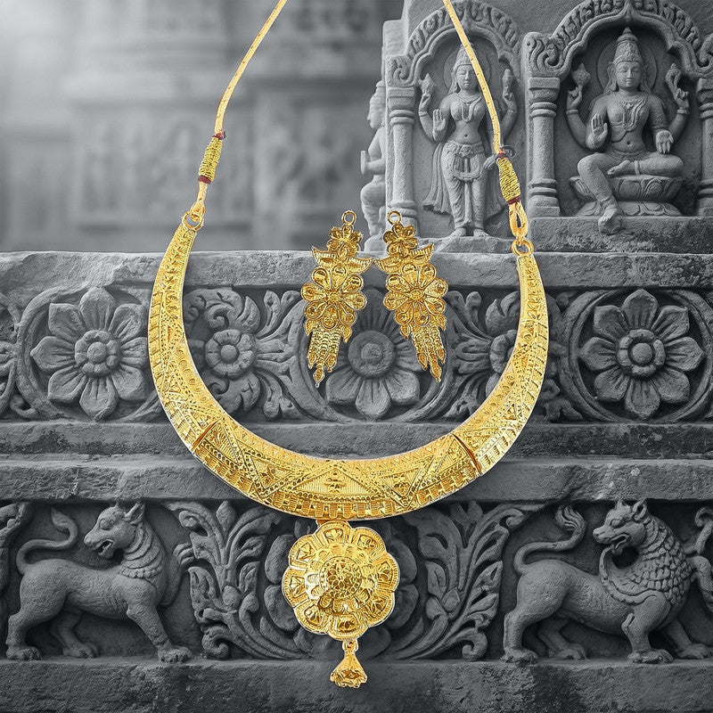 Exclusive Crescent-Style Gold-Plated Necklace Set with Traditional Engraved Detailing