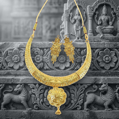 Exclusive Crescent-Style Gold-Plated Necklace Set with Traditional Engraved Detailing