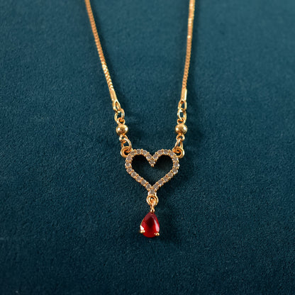 Gold-Plated Heart Pendant Necklace with Red Crystal Drop for Women