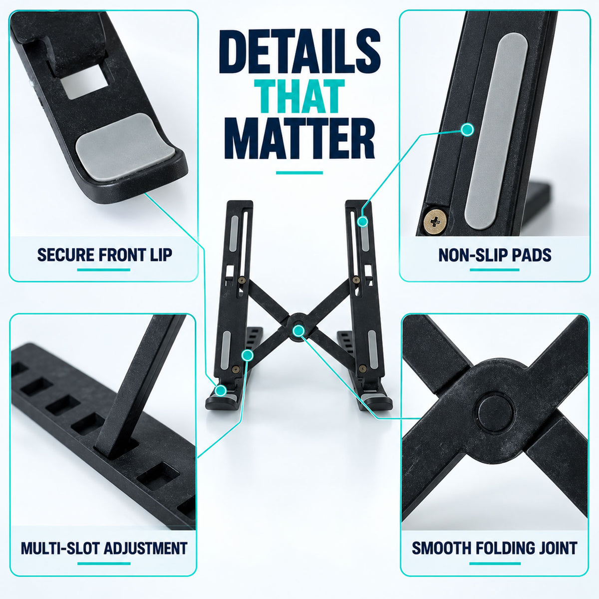 Detailed view of the black laptop stand, highlighting non-slip pads, secure front lip, multi-slot adjustment, and smooth