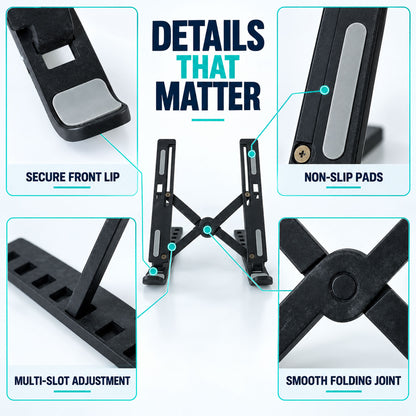 Detailed view of the black laptop stand, highlighting non-slip pads, secure front lip, multi-slot adjustment, and smooth