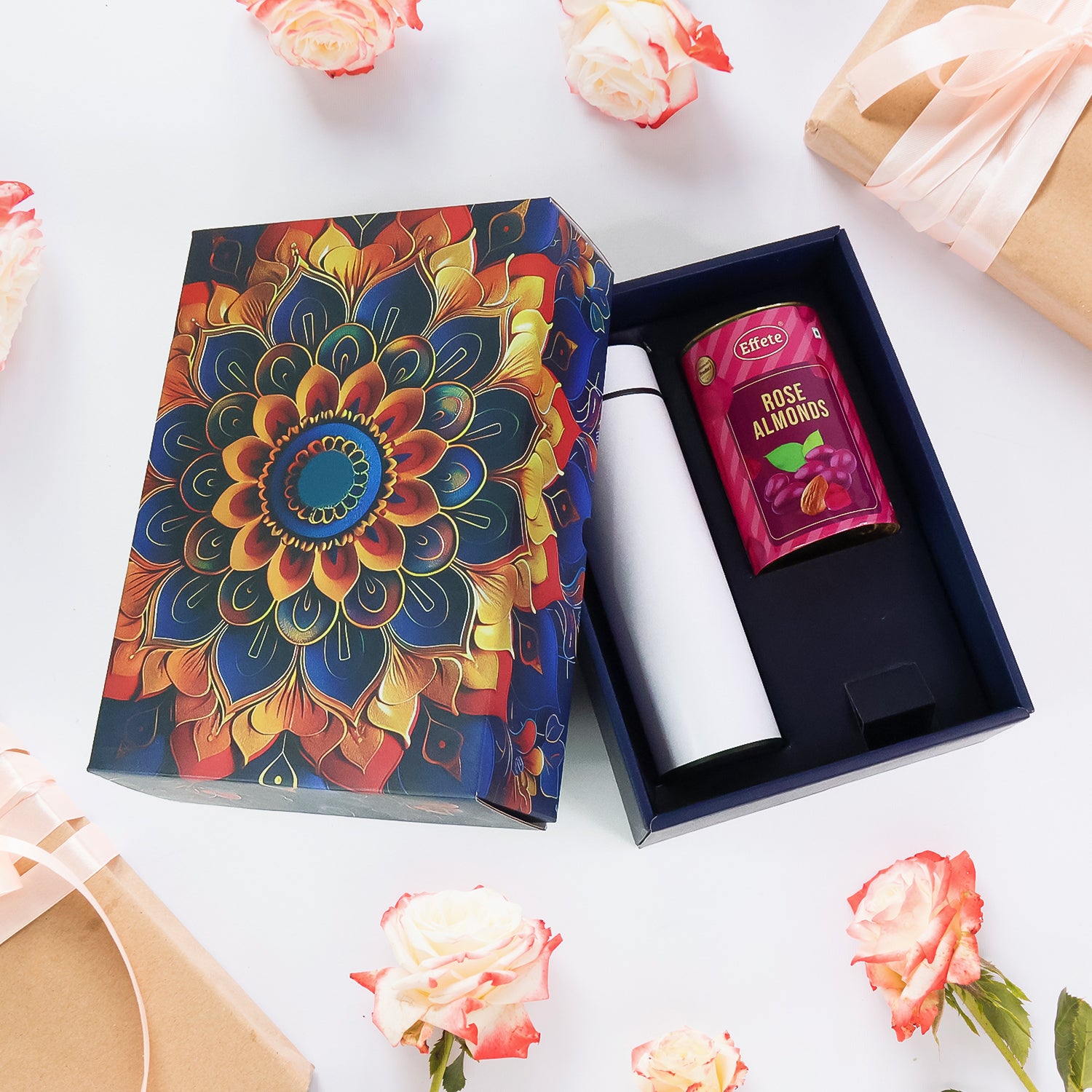 Effete Rose Almonds Gift Hamper, Golden With Bottle (2 Pc Set)