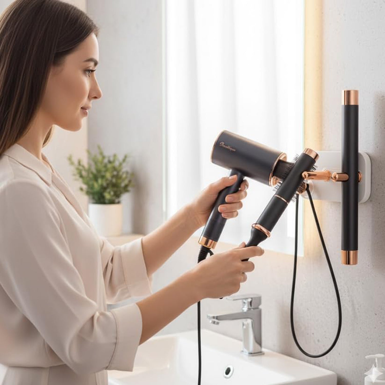 Close up of hair dryer holder on bathroom wall