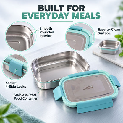 Close-up of stainless steel lunch box set.