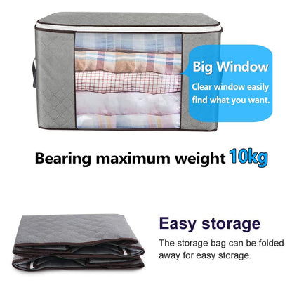 A grey quilted fabric storage bag with a clear window showing folded clothes, highlighting its 10kg weight capacity.