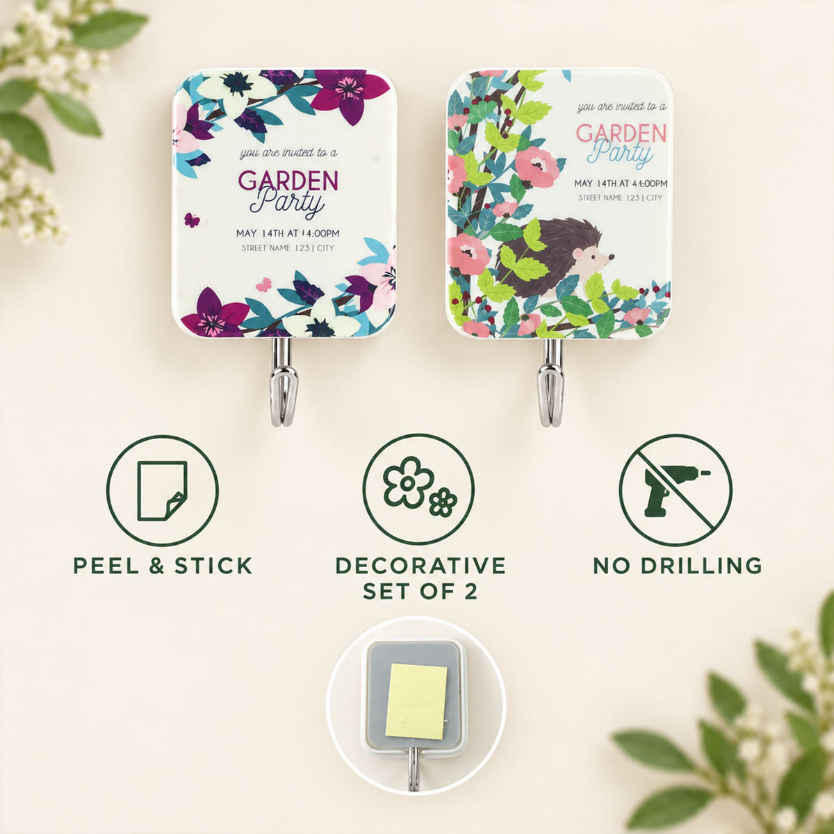 Two decorative sticky hooks with floral and hedgehog designs, surrounded by icons illustrating peel-and-stick application.