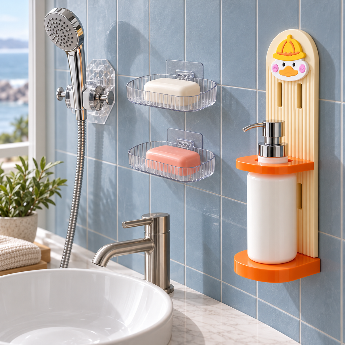 A duck-themed soap dispenser and two clear soap dishes are mounted on a blue tiled wall.