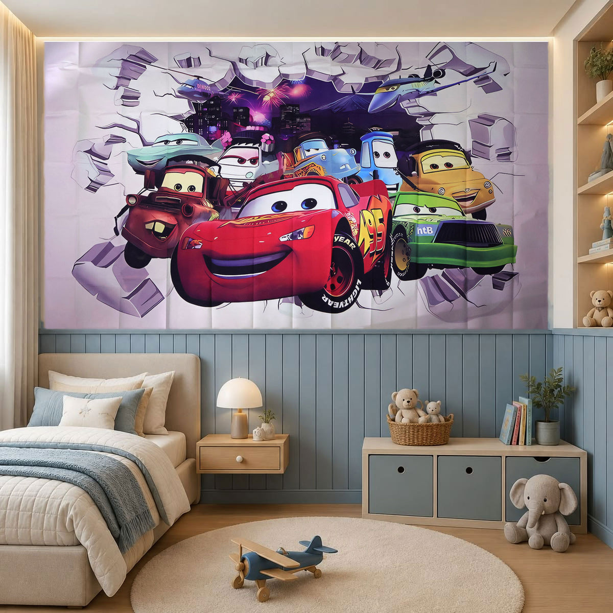 Cartoon Racing Car Backdrop Curtain for Kids Room and Party Decor (210x150 Cm)