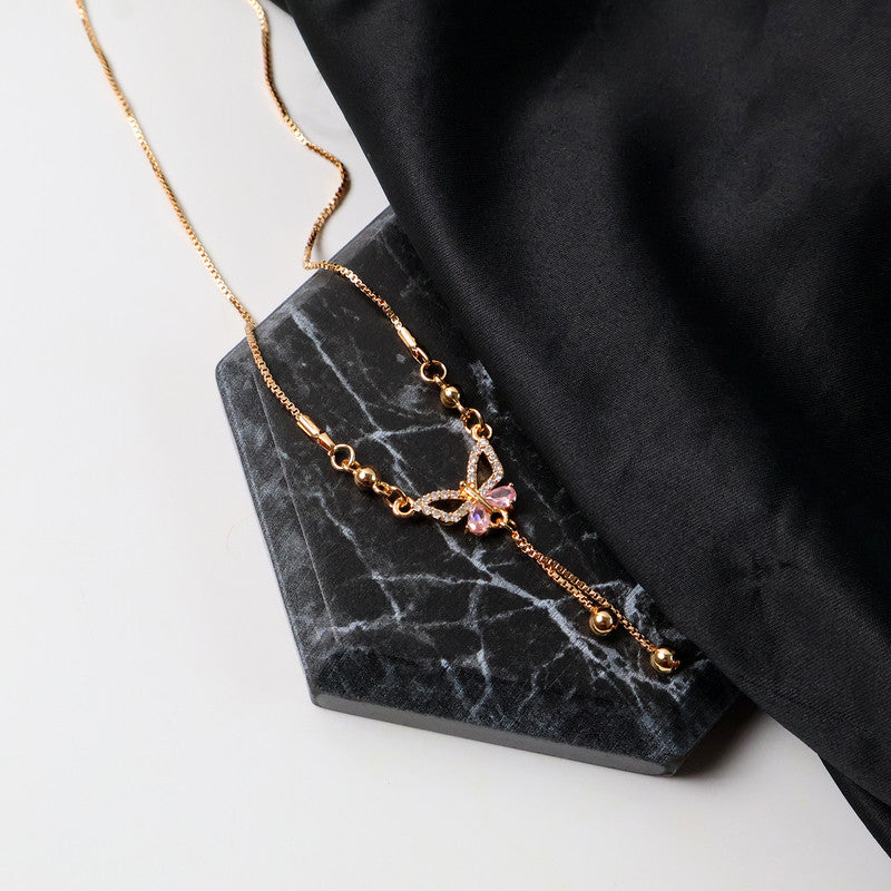 Delicate Pink Crystal Butterfly Pendant Necklace for Women – Gold Plated Adjustable Chain