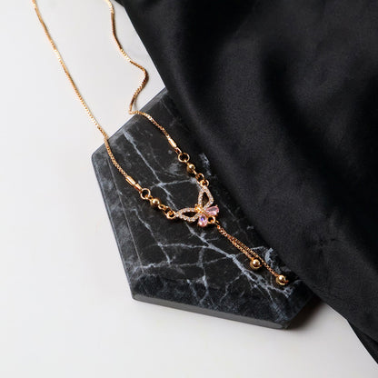 Delicate Pink Crystal Butterfly Pendant Necklace for Women – Gold Plated Adjustable Chain