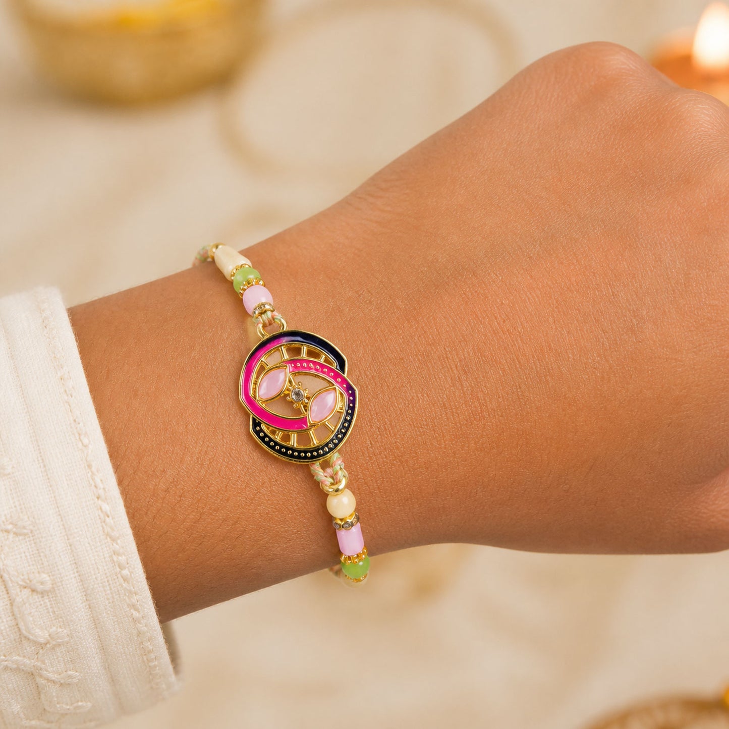 Black and Pink Enamel Spiral Pendant Rakhi with Pastel Beads