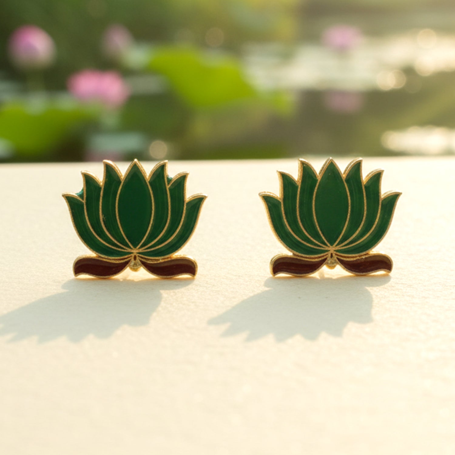 Green Lotus Necklace with Adjustable Thread & Stud Earrings Set