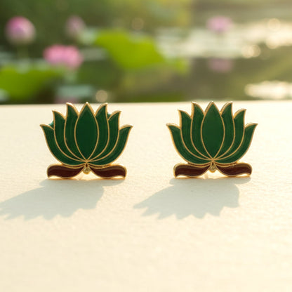 Green Lotus Necklace with Adjustable Thread & Stud Earrings Set