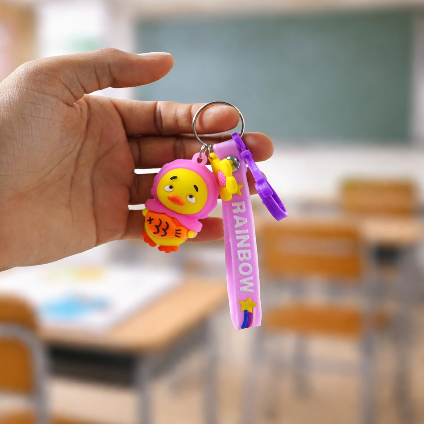 Side view of Cute Rainbow Strap Cartoon Duck Keychain