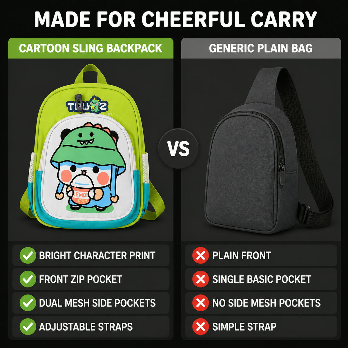 Kids Sling Backpack – Lightweight Cartoon Design for Daily Use