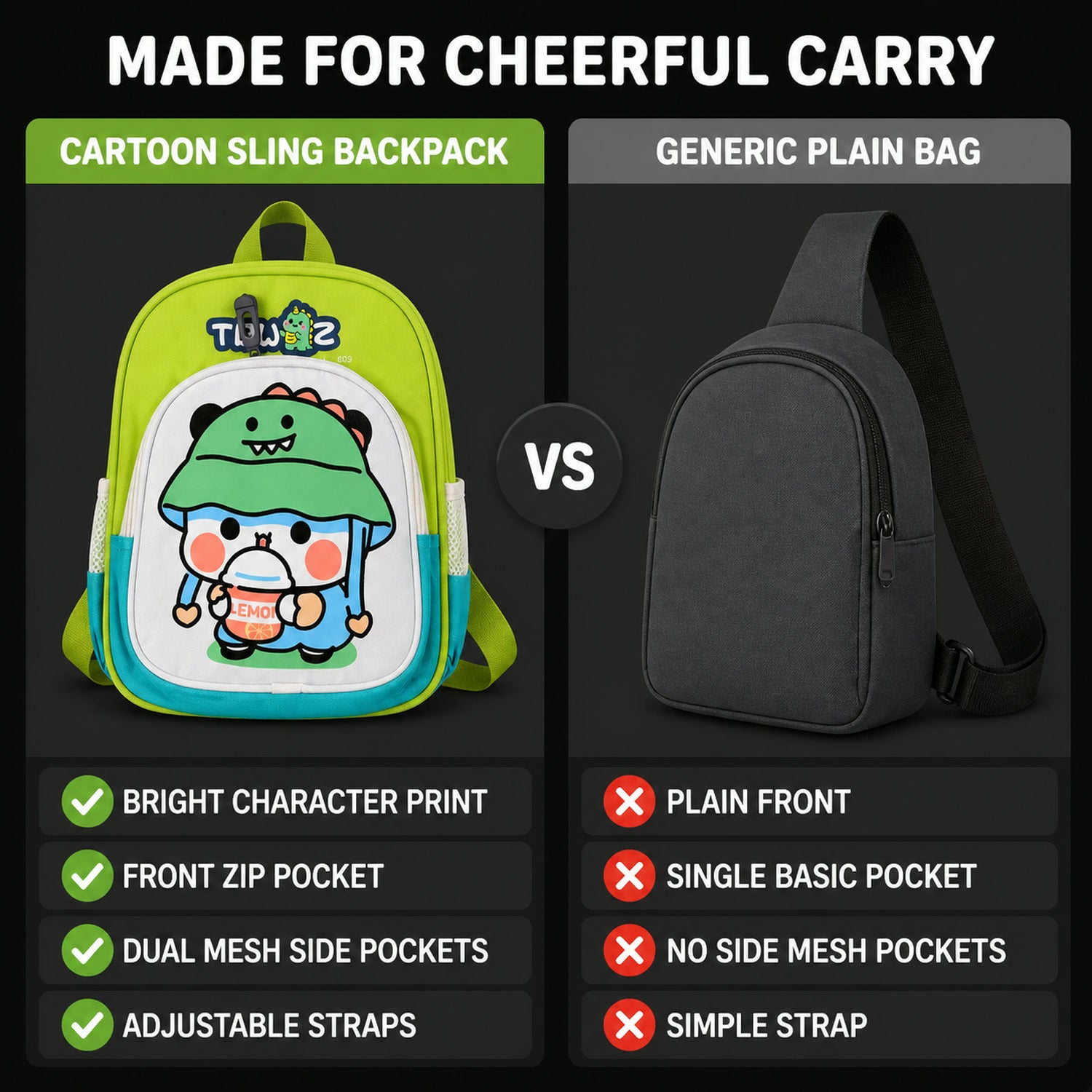 Kids Sling Backpack – Lightweight Cartoon Design for Daily Use