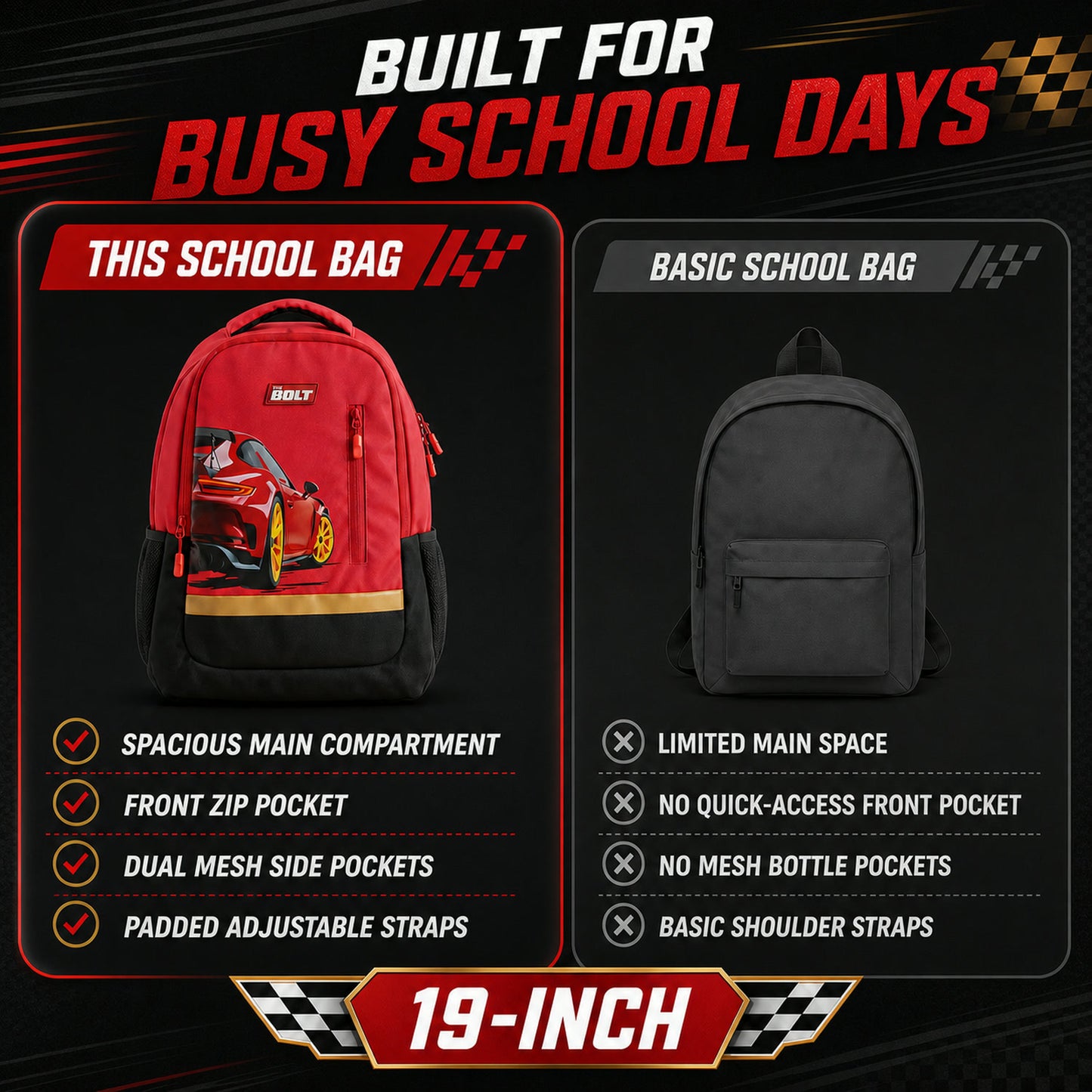19-inch Kid’s School Bag – Spacious & Stylish with Car Design