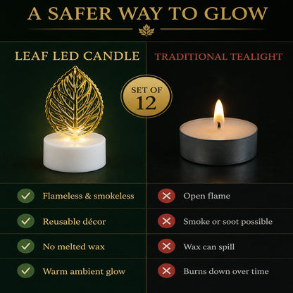 Leaf Shaped Flameless LED Candles – Elegant Decorative Set of 12