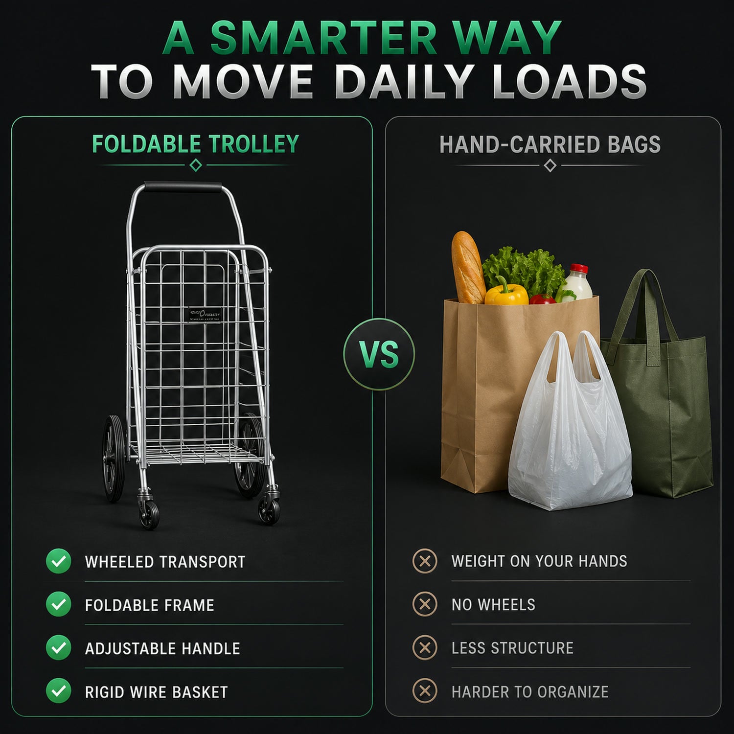 Foldable Shopping Cart – Durable Iron Frame & Dual Swivel Wheels | Organivo