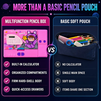 Space Theme Pencil Box with Built-in Calculator – Dual Compartment Organizer