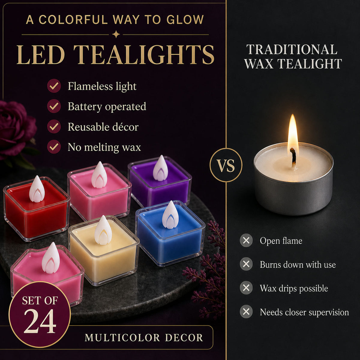 LED Tealight Candles – Set of 24 Multi-Color Flameless Lights