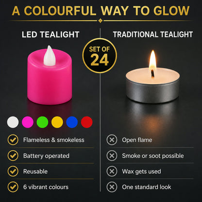 LED Tealight Candles – 24 Pcs Multicolor | Indo Glow