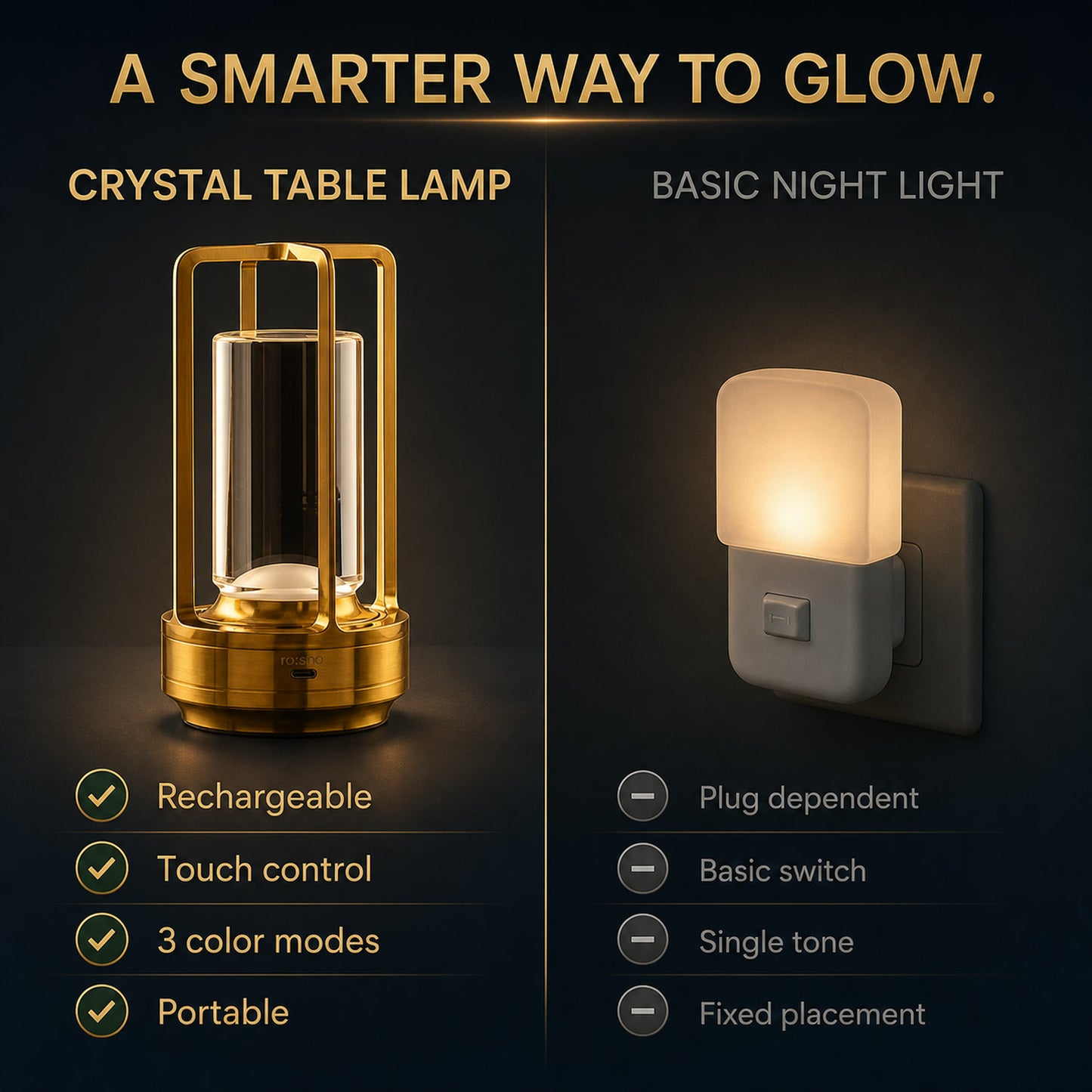 Crystal Table Lamp – 3-Color Rechargeable LED Light | Indo Glow
