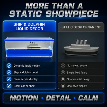 A comparison graphic showing the liquid motion decor on the left and a static desk ornament on the right, highlighting