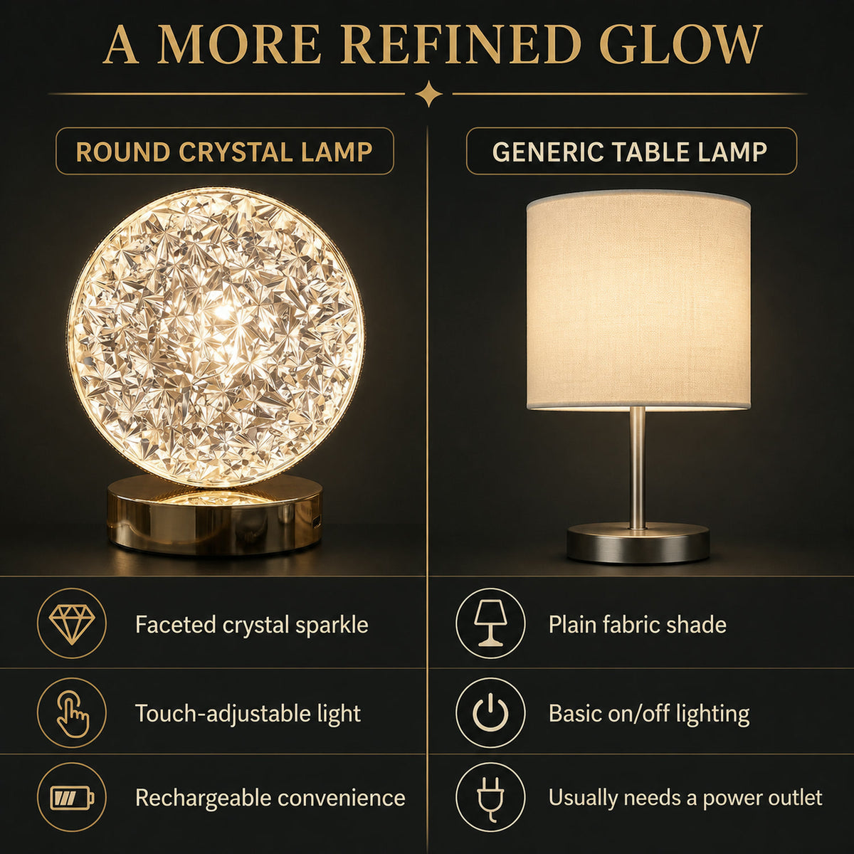 Round Crystal LED Table Lamp – Dimmable Touch & USB Rechargeable