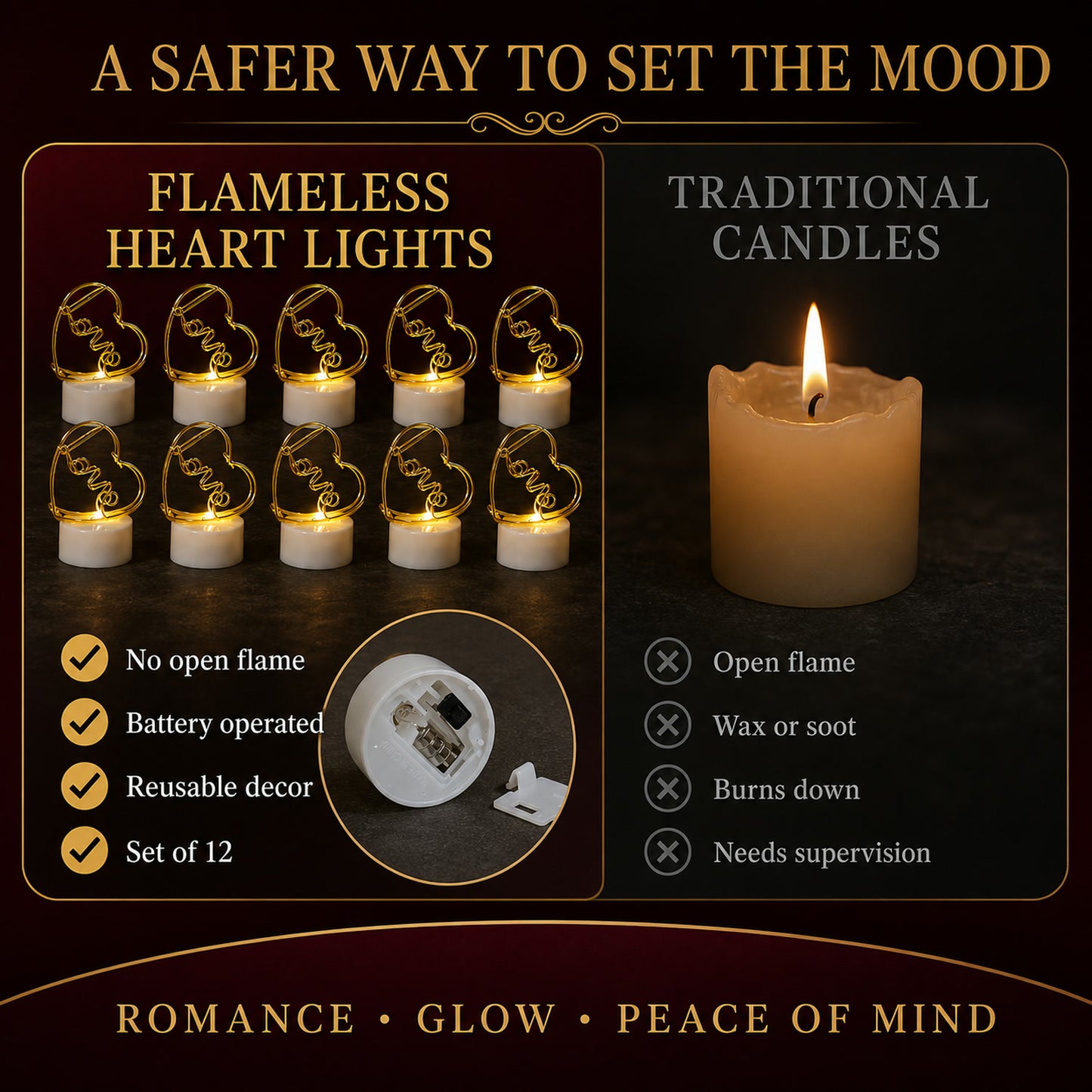 Set of 12 Multicolor Flameless Heart LED Candles for Decor