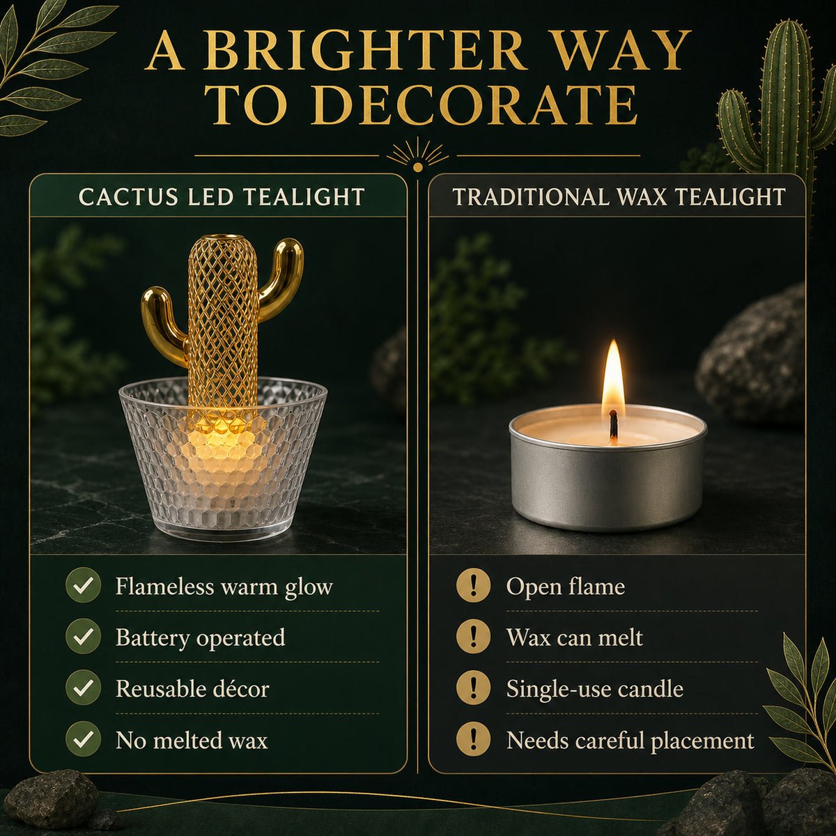 Cactus LED Tealight Candles – Unique Flameless Decorative Set
