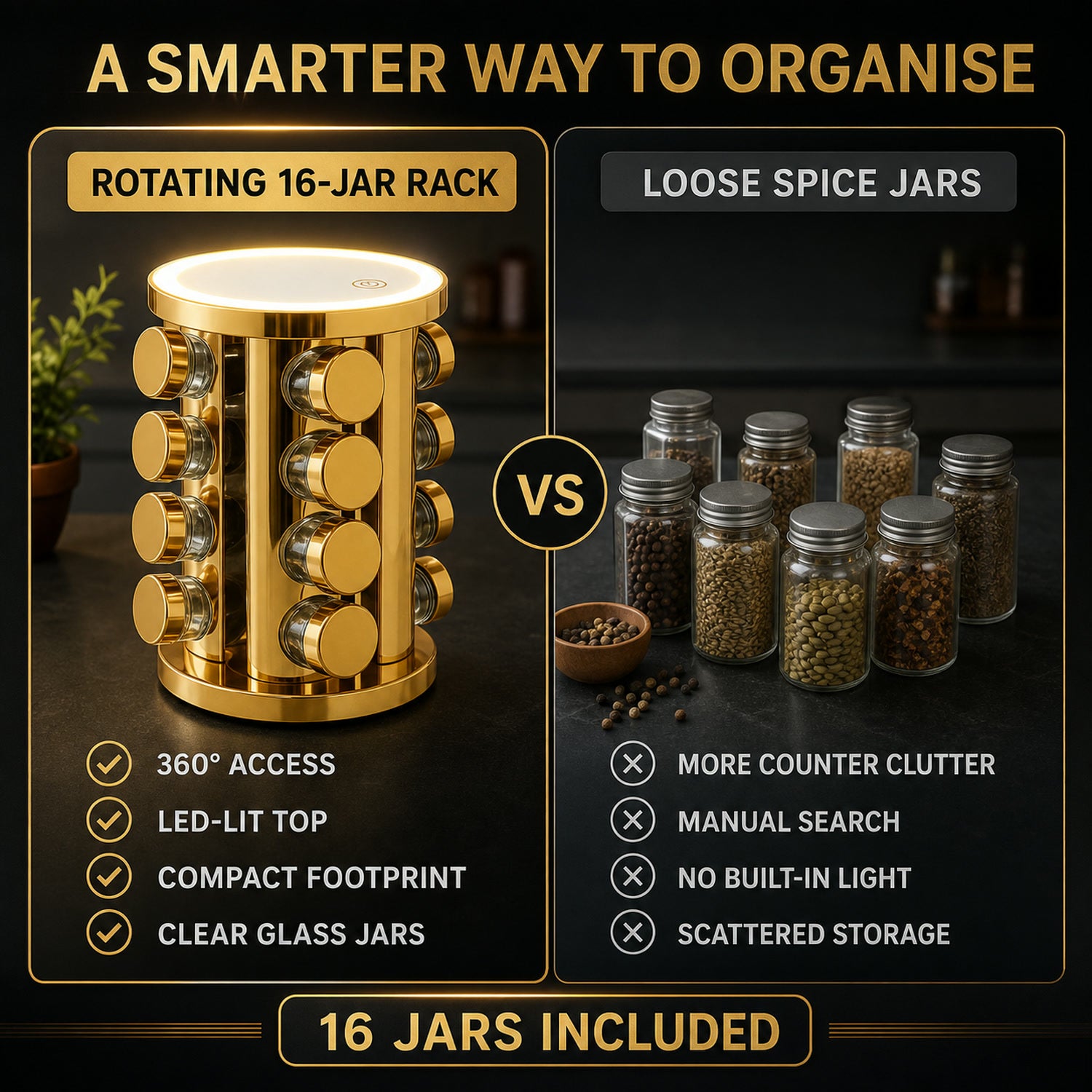 Rotating Spice Rack – LED Illuminated, 16 Jars, Golden Finish | Tidy Table