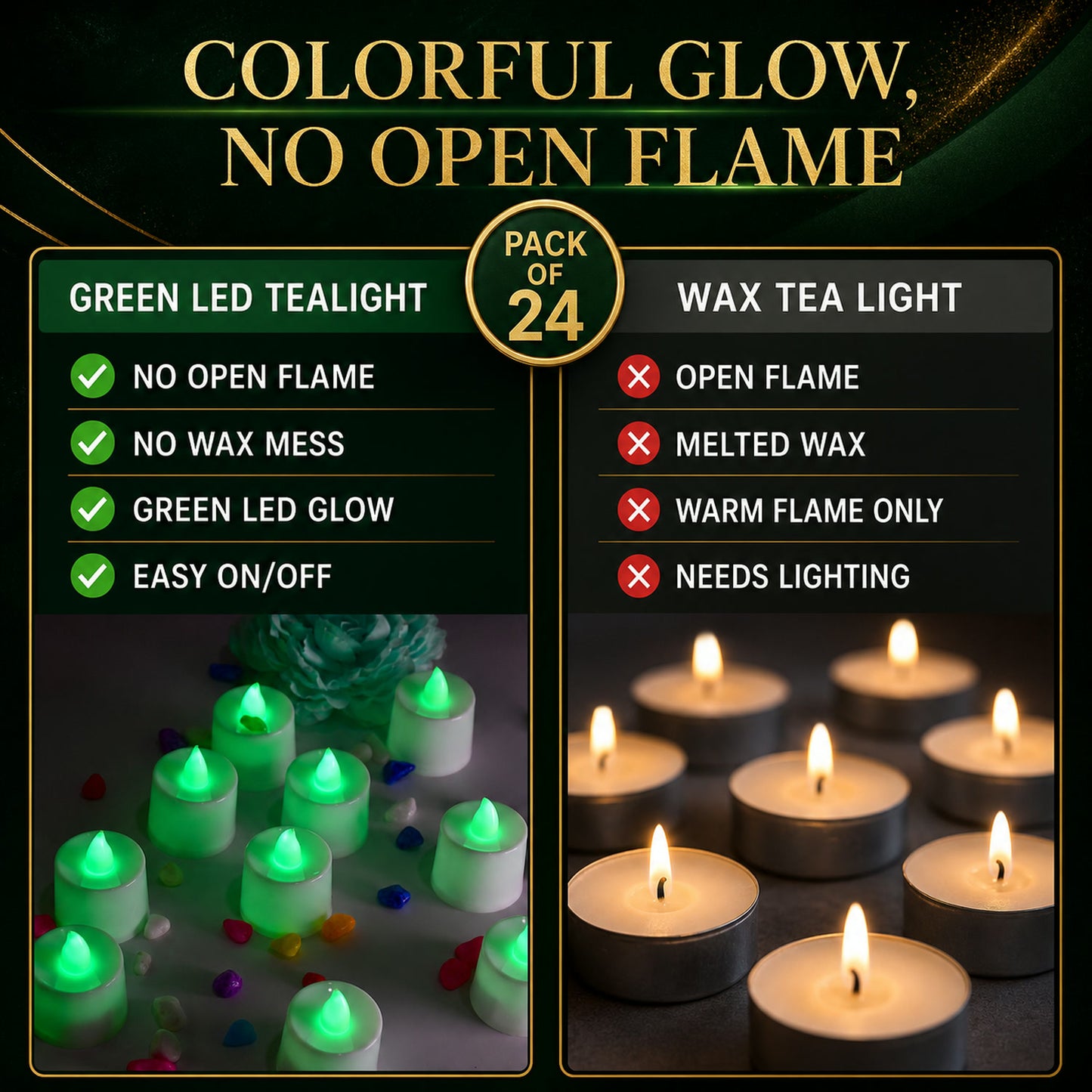 Green Flameless LED Tealights - Safe, Smokeless Decor (24-Pack)