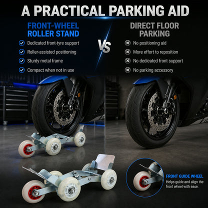 Motorcycle Front Wheel Parking Roller Stand – Heavy-Duty Metal Frame