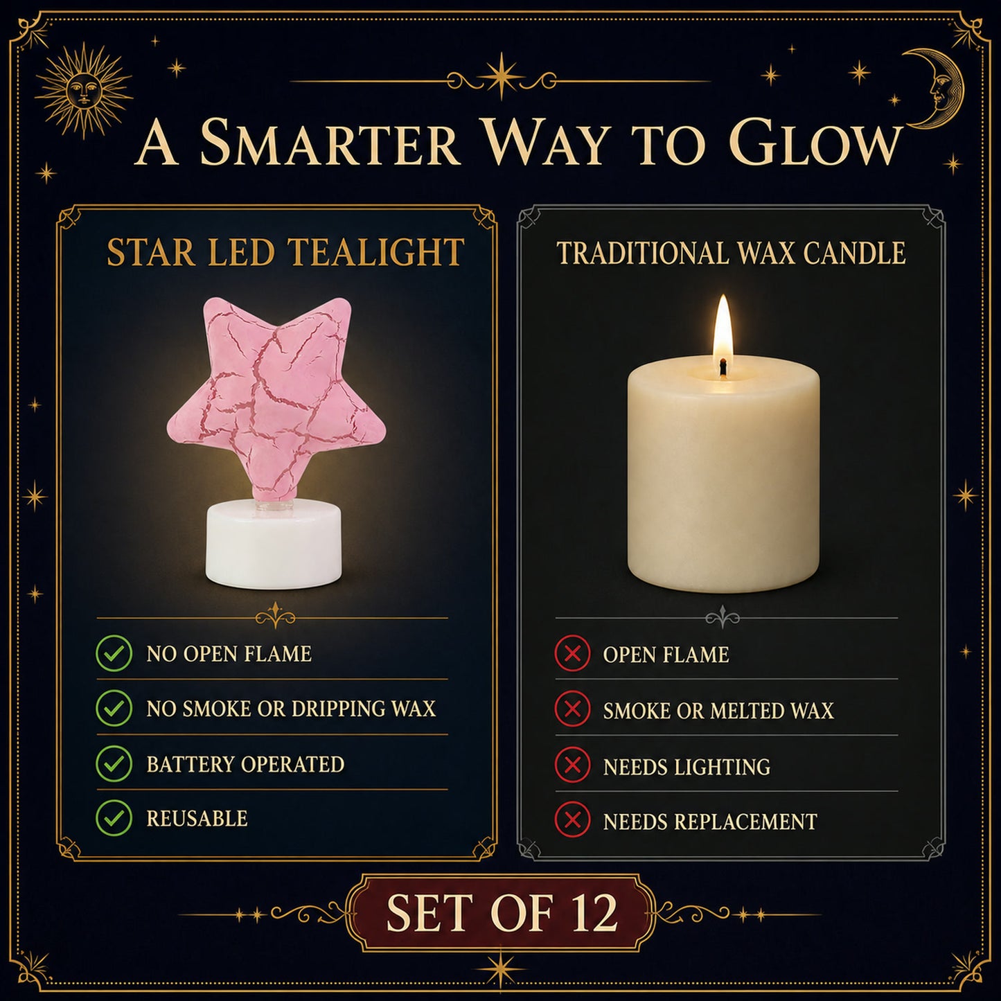 Star Shape LED Tealight Candles – Set of 12 Decorative Lights