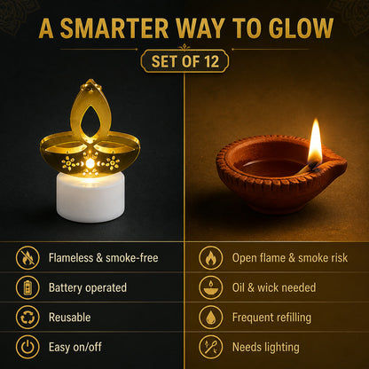 Golden Diya LED Tealight Candles – Safe Flameless Decor Set of 12
