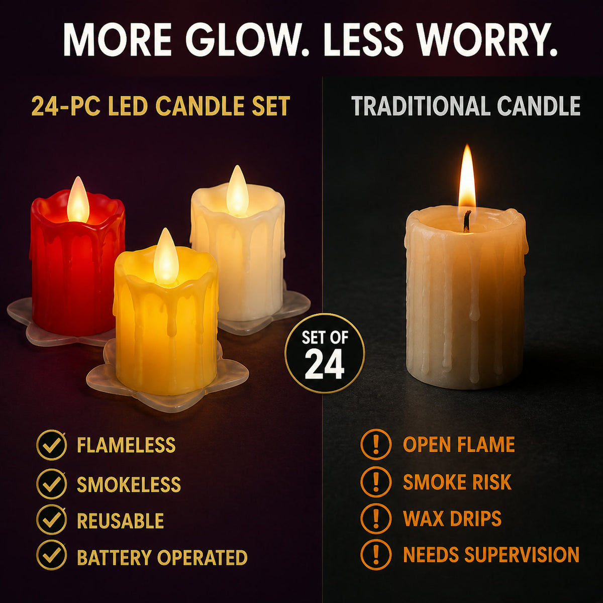 24 Multicolor Flameless Melted Candles for Diwali Decor